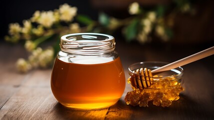 close up of honey jar and honey