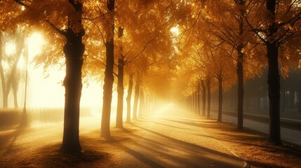  the sun shines through the trees on a foggy day in an autumn park on a foggy day.