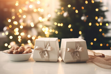 Christmas treats and gifts on a festive background. close-up. - 734272584