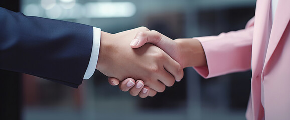 businessman and businesswoman confidently shaking hands. - 734272587