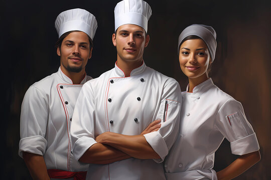 group of chefs in uniform in kitchen