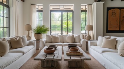  a living room filled with white couches and a table with a potted plant on top of it in front of a window.