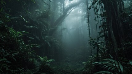 Prehistoric forest jungle with giant trees.