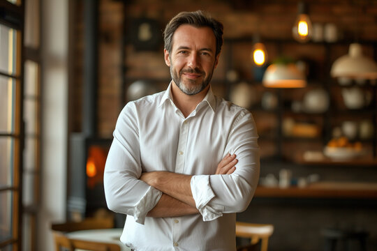 Empresario, cafeter&iacute;a, restaurante, camisa blanca, negocio, hombre de negocios, cercano, senior, elegante, casual, cercano, cafeter&iacute;a, hotel, recepci&oacute;n, brazos cruzados