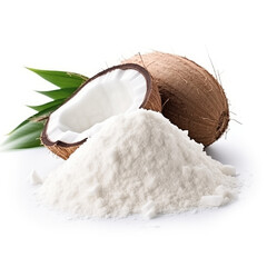 close up pile of finely dry organic fresh raw coconut milk powder isolated on white background. bright colored heaps of herbal, spice or seasoning recipes clipping path. selective focus - obrazy, fototapety, plakaty