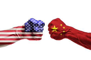 Conflict USA vs. China, fists facing each other with a transparent background