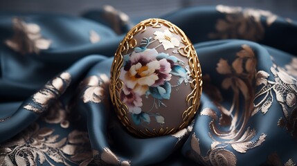 Craft an AI image displaying the close-up beauty of an Easter egg surrounded by a nest and adorned with a stylish shawl.