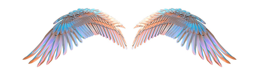 The image displays a symmetrical pair of intricately detailed wings with a rich palette of blues, purples, and hints of orange, spread out for display against a muted gray background. Each feather is 