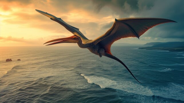 Flying dinosaur, Pterodactyl, flying high in sky over sea coast. Photorealistic.