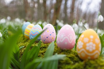 Color Easter eggs on green moss with flower in forest