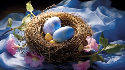 Craft an HD image capturing the realism of an Easter egg surrounded by a nest, with an added layer of charm from a shawl.