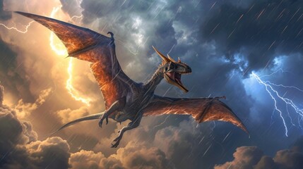 Flying dinosaur, Pterodactyl, flying in thunderstorm. Photorealistic.