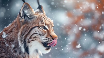  a close up of a cat with snow on it's face and it's tongue in the air.