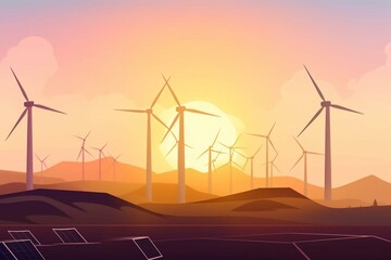 Background depicting renewable energy with wind turbines and solar panels. Generative AI