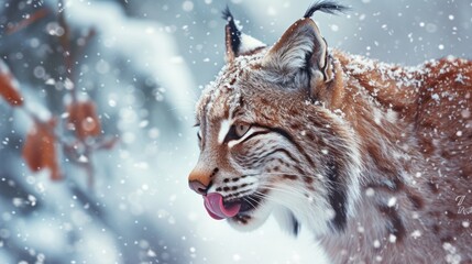  a close up of a cat in the snow with it's mouth open and it's tongue out.