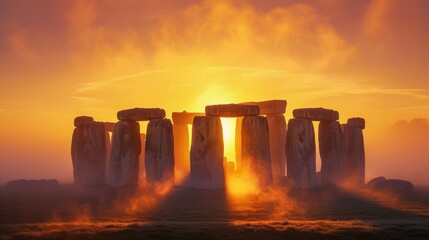Colorful sunrise at famous Stonehenge ancient mystery site in England UK.