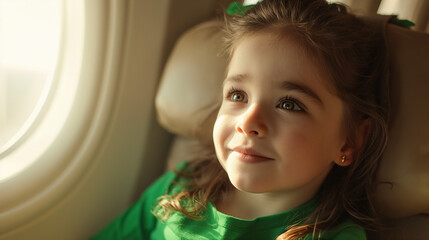 A young passenger looks out the airplane window on the way to Ireland for St. Patrick's Day. The gentle glow of sunlight penetrates the clouds. - obrazy, fototapety, plakaty