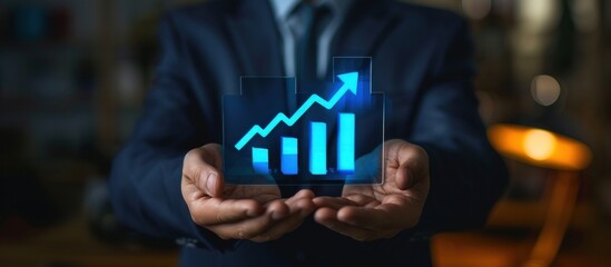 Businessman hold up arrow and graph icon of business investment growth. Generated AI image - obrazy, fototapety, plakaty