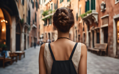 Rear centered view of a european traveler girl in the street of old town of Spain, defocused background
