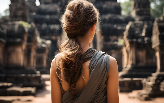 Rear centered view of a european traveler girl in the temples of Angkor, defocused background