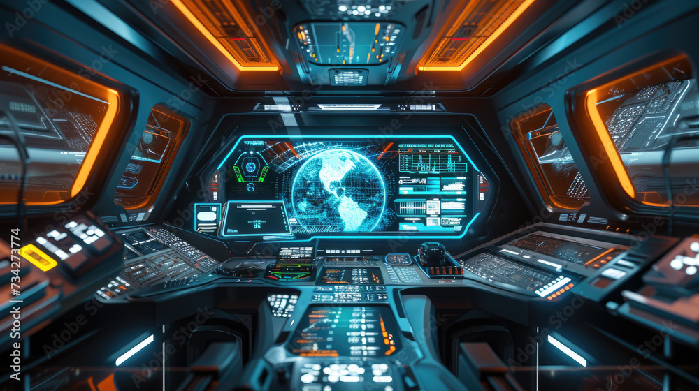 Wall mural spaceship cabin interior, futuristic cockpit with computers and control panels in spacecraft. inside