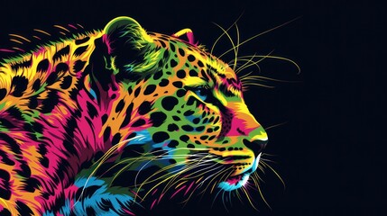  a close up of a leopard on a black background with a multicolored pattern on it's face.