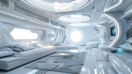 Spaceship living room interior, bright white hall in starship or futuristic tourist ship. Inside large cabin in spacecraft. Concept of travel, tourism, space station, future, background.