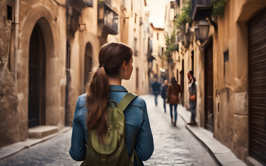 Rear centered view of a traveler girl in the street of old town in Spain, defocused background