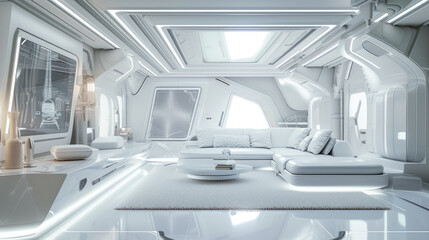 Spaceship living room interior, bright white hall in starship or futuristic tourist ship. Inside large cabin in spacecraft. Concept of travel, tourism, space station, background