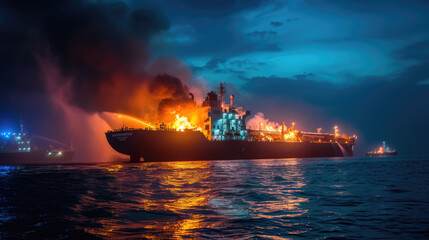 Fire and smoke on cargo ship at dusk, tanker burning in sea after explosion, accident on industrial...