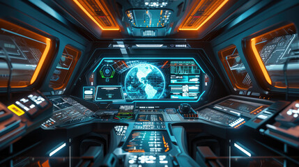 Spaceship cabin interior, futuristic cockpit with computers and control panels in spacecraft. Inside command room with modern dashboard. Concept of space station, technology