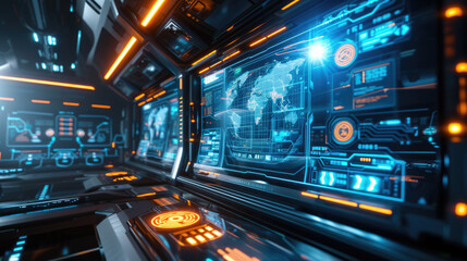 Interface of digital control panel in spaceship command center, futuristic screens, modern dashboard of spacecraft cabin. Concept of computer technology, tech room interior - obrazy, fototapety, plakaty