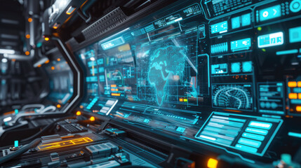 Spaceship cabin interior, futuristic cockpit with computer screens and control panels. Inside command room of spacecraft with modern dashboard. Concept of space, interface, technology