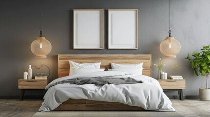 Two frame mockup pictures on grey wall in bedroom, detail of Scandinavian room interior with white blank posters, bed, plants and lamps. Concept of minimalist home design