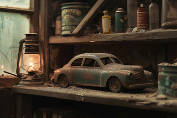 AI generated illustration of rusted toy cars and miscellaneous items displayed on a shelf - obrazy, fototapety, plakaty