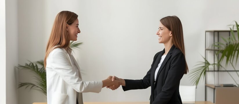 Happy smiling professional mid aged businesswoman handshaking greeting new deal to client in office.