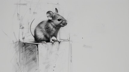  a black and white drawing of a mouse sitting on a piece of wood with a white wall in the background.