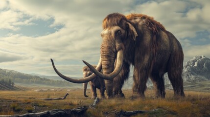 Obraz premium Mammoth with its cub in grassland in prehistoric times.
