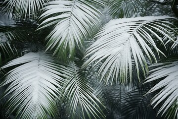 Exotic Palm leaves front snow winter. Leaf plant. Generate Ai