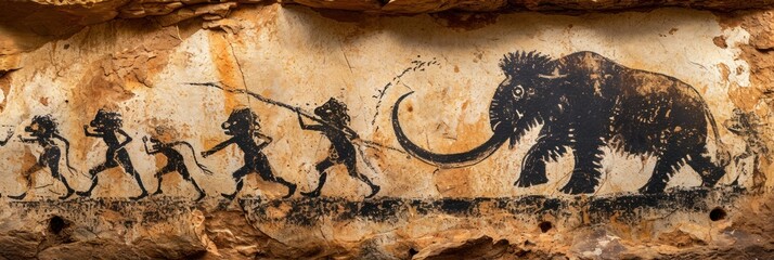 Rock painting of hunting scene of a team of primitive cavemen attacking a giant mammoth in wild field. - obrazy, fototapety, plakaty