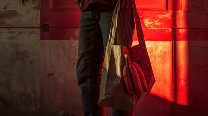  a man holding a brown paper bag in his right hand and a brown paper bag in his left hand in front of a red light.