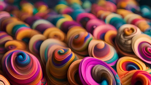 Vibrant rolls of yarn artfully arranged in a mesmerizing stack, captivating with their blend of hues and textures.