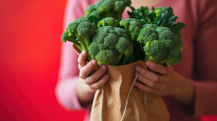  a woman holding a bag of broccoli in front of her face while holding a bag of broccoli in front of her face.