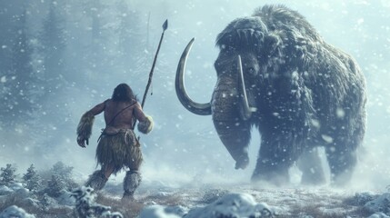 Hunting scene of primitive caveman attacking a giant mammoth in wild field.