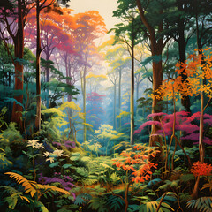 Panoramic View of Dense Forest: Showcasing Biodiversity and Nature's Mystical Aura in Vibrant Hues