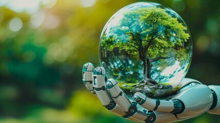 Crystal ball of earth and tree in robot hand creating awareness about caring for the environment. generative ai