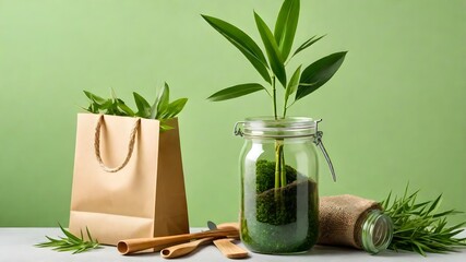 jar waste eco-Friendly sustainable products banner with bamboo cutlery and shopping bag on green background.