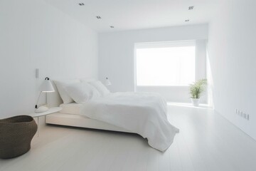 Sleek small bedroom in spacious house with white minimalistic decor. Generative AI