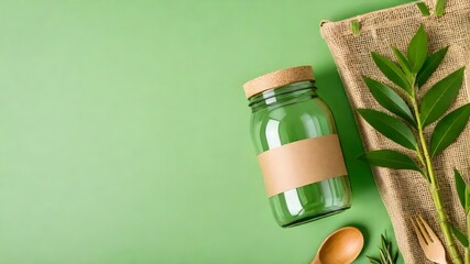 jar waste eco-Friendly sustainable products banner with bamboo cutlery and shopping bag on green background.