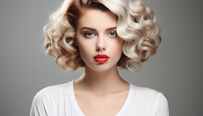 Fototapeta premium Beautiful woman with curly blond hair, looking at camera sensually generated by AI